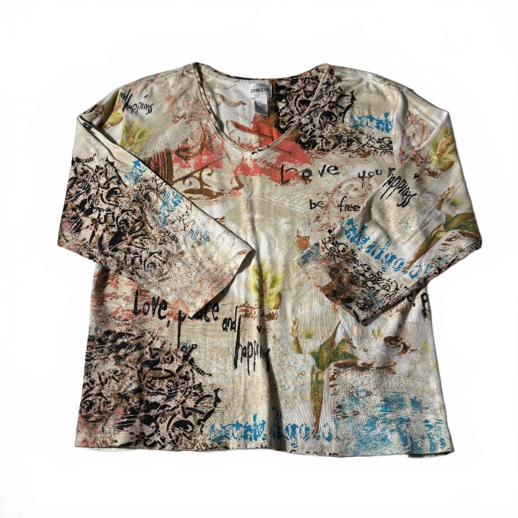 Chico's Y2K Love Peace Happiness Distressed Graphic V-Neck Top Size L 2000s