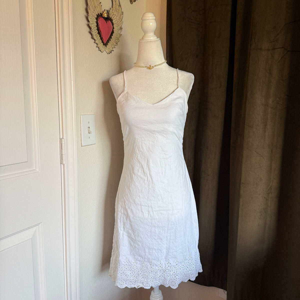 thriftalina Theory White Linen Blend Slip Dress Eyelet Lace Hem Sz 6 Cottagecore Quiet Luxe