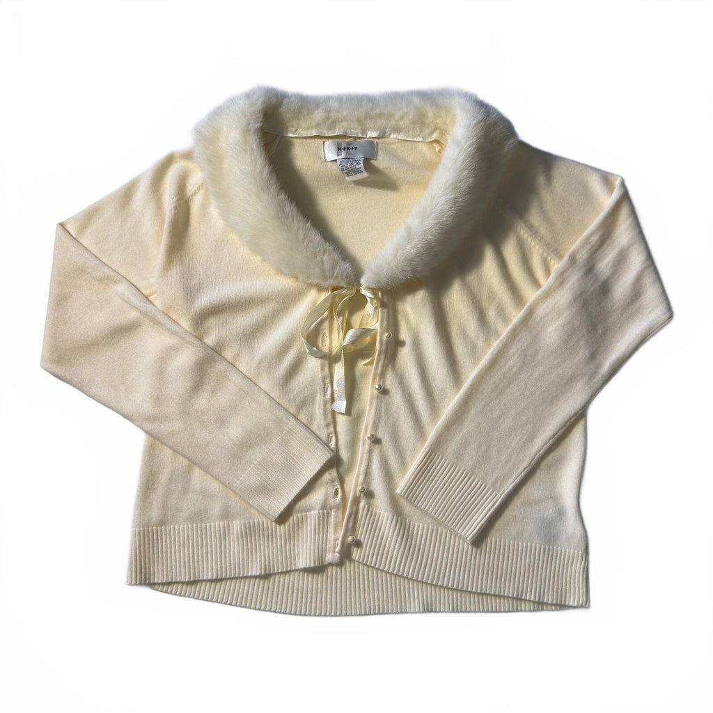 Kikit Ivory Coquette Faux Fur Collar Cardigan Pearl Button Ribbon Tie Detail L