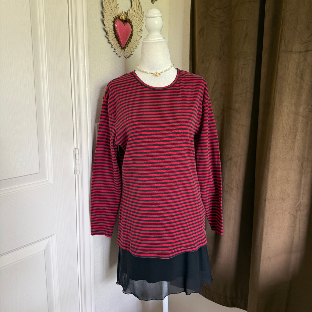 Express Red Black Striped Long Sleeve Top Grunge Punk Emo Vintage Sz L Cotton