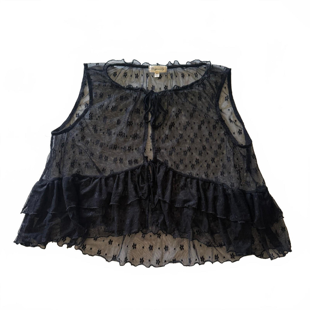 Originality Women's Lace Tie-Front Sleeveless Ruffle Top Black Coquette Layering