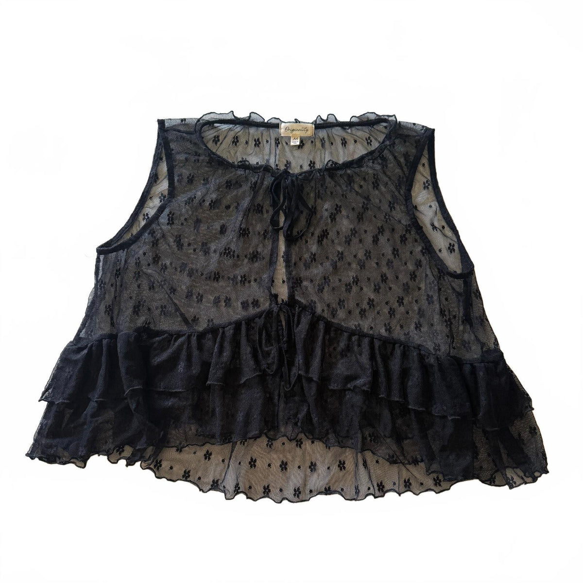 Originality Women's Lace Tie-Front Sleeveless Ruffle Top Black Coquette Layering