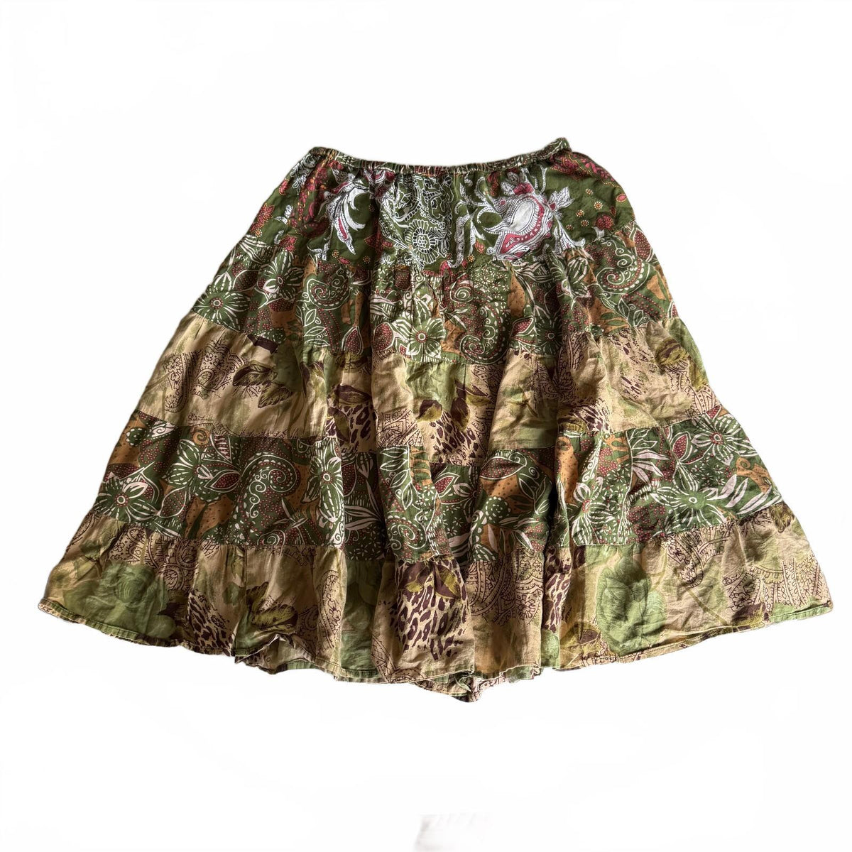 Vintage Notations Patchwork Tiered Cotton Boho Midi Skirt Green Paisley Medium