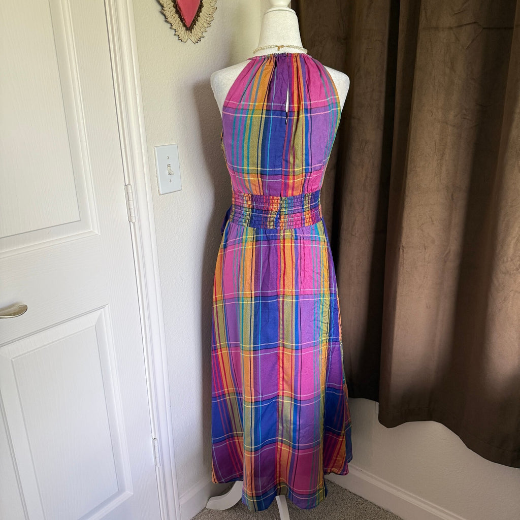 Ann Taylor Madras Rainbow Plaid Belted Halter Dress Women's Size 2, Brand NWT