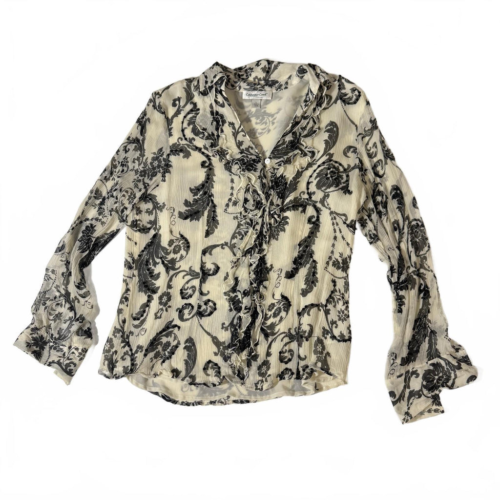 Coldwater Creek Black and White Silk Blend Plisse Romantic Frilly Button-Up Sz L
