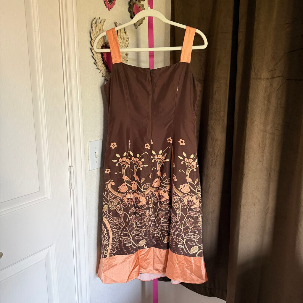 Adrianna Fairy Silk Y2K Beaded Brown Peach Floral Paisley Dress Women's SZ 8