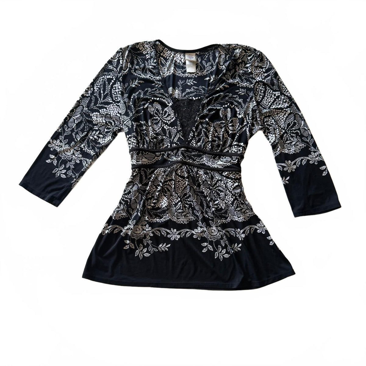 In Bloom by Jonquil Black Floral Lace Detail Tie Back V-Neck Blouse Corporate
