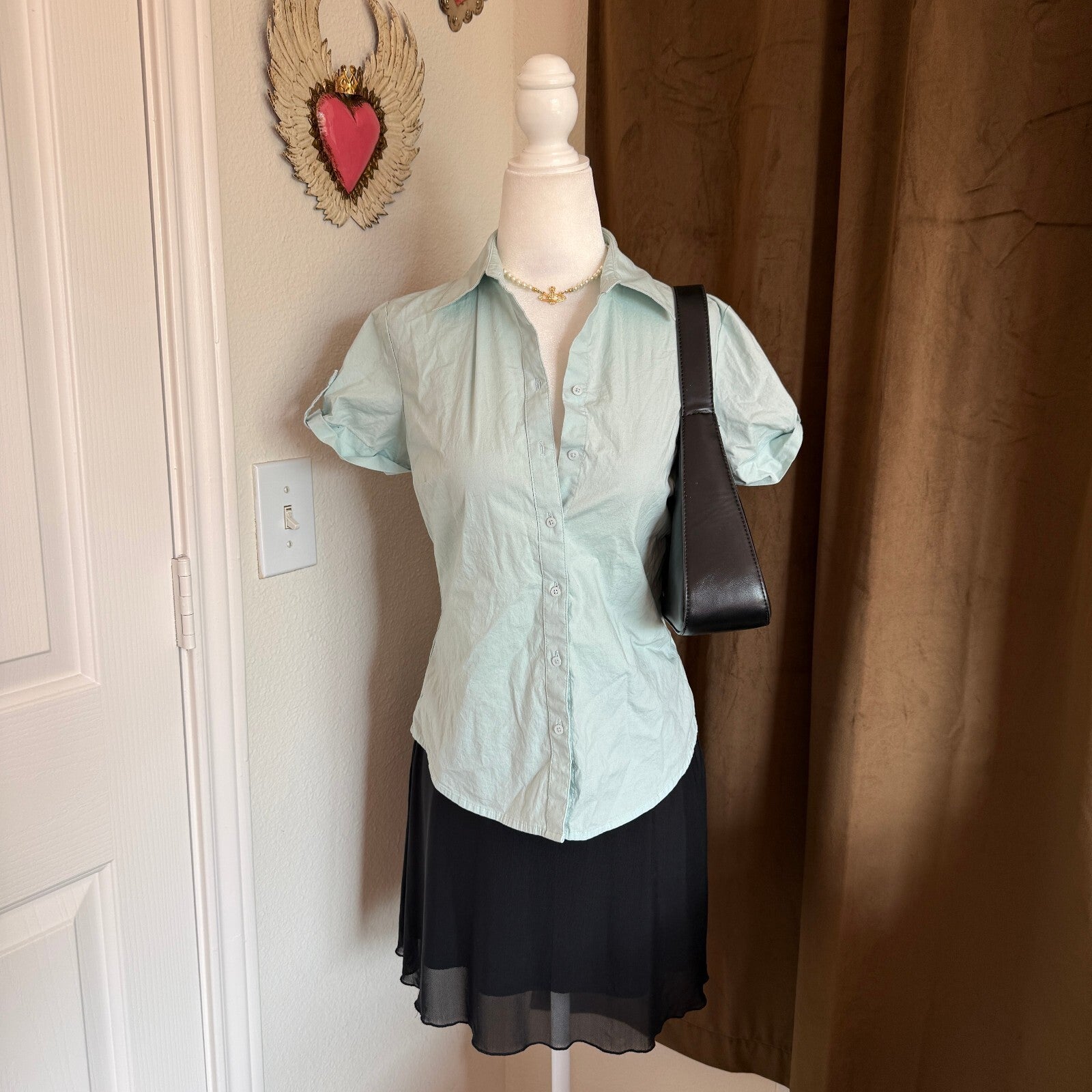 Ann Taylor Cotton Teal Women's Short Sleeve Button-up Office Siren Corporate