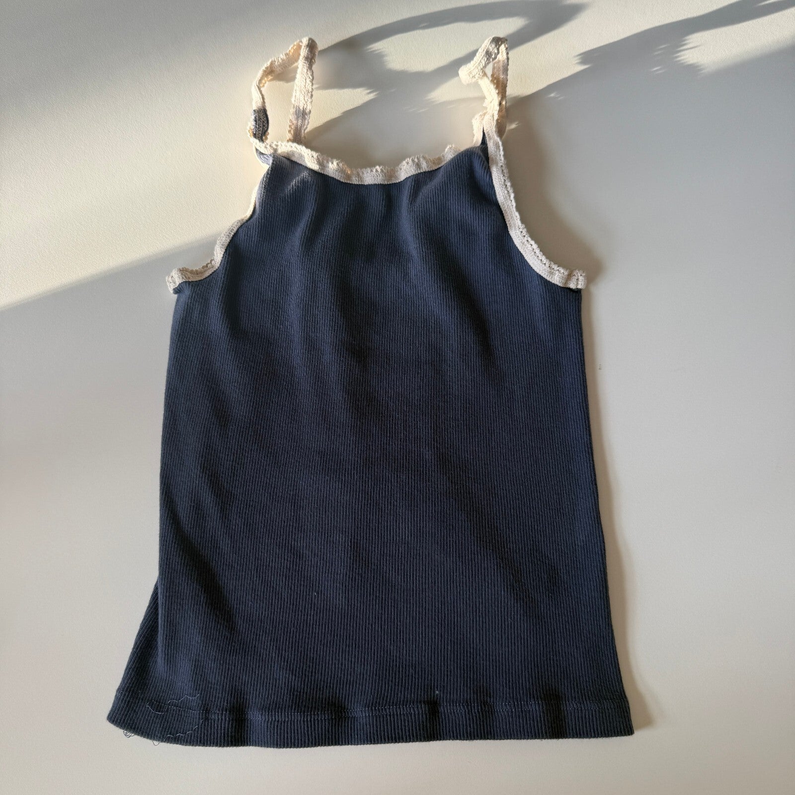 Brandy Melville Women's Blue Ribbed Tank Top with Cream Lace Trim, Size Small