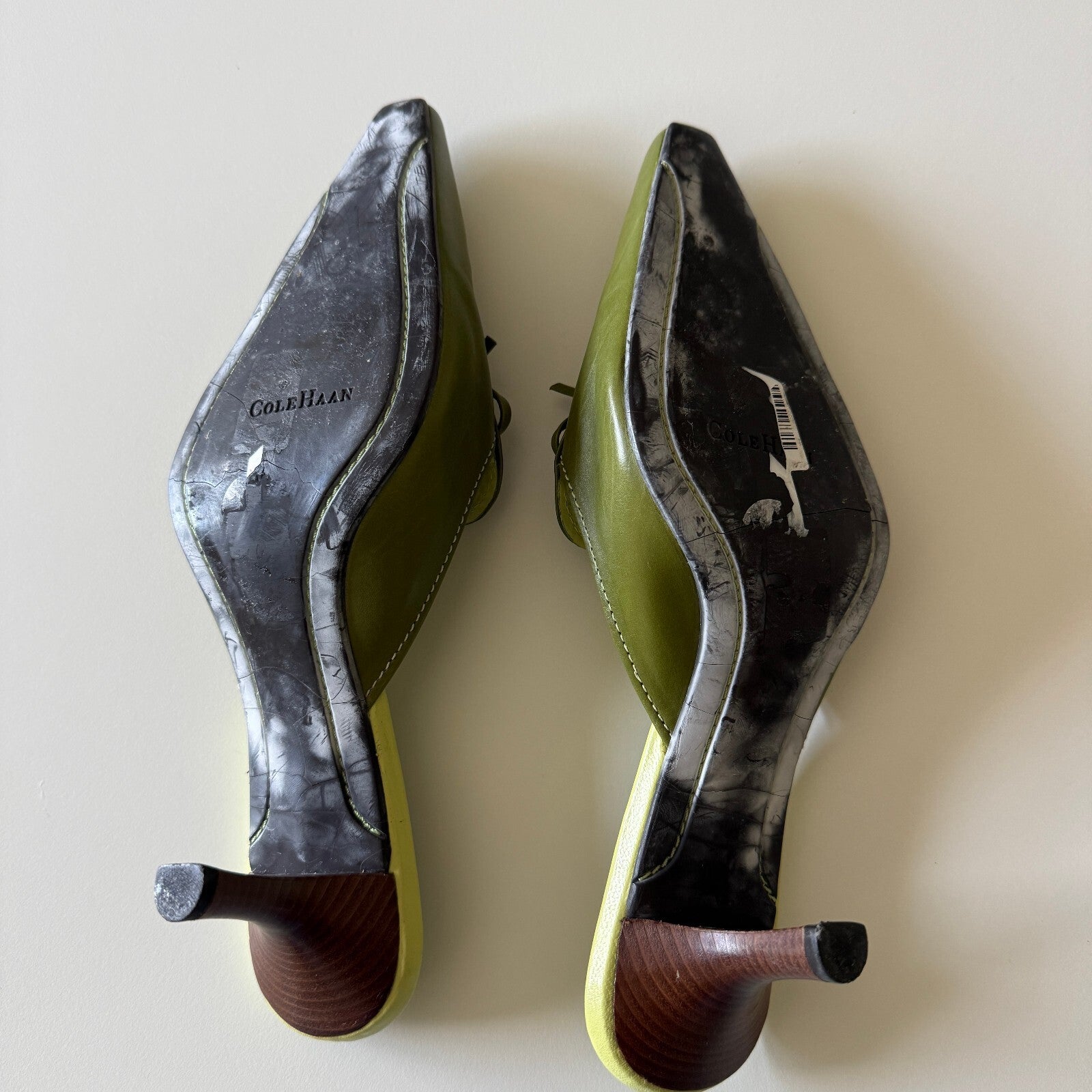 Cole Haan Women's Green Leather Pointed Toe Slip-On Kitten Heels with Bow Detail