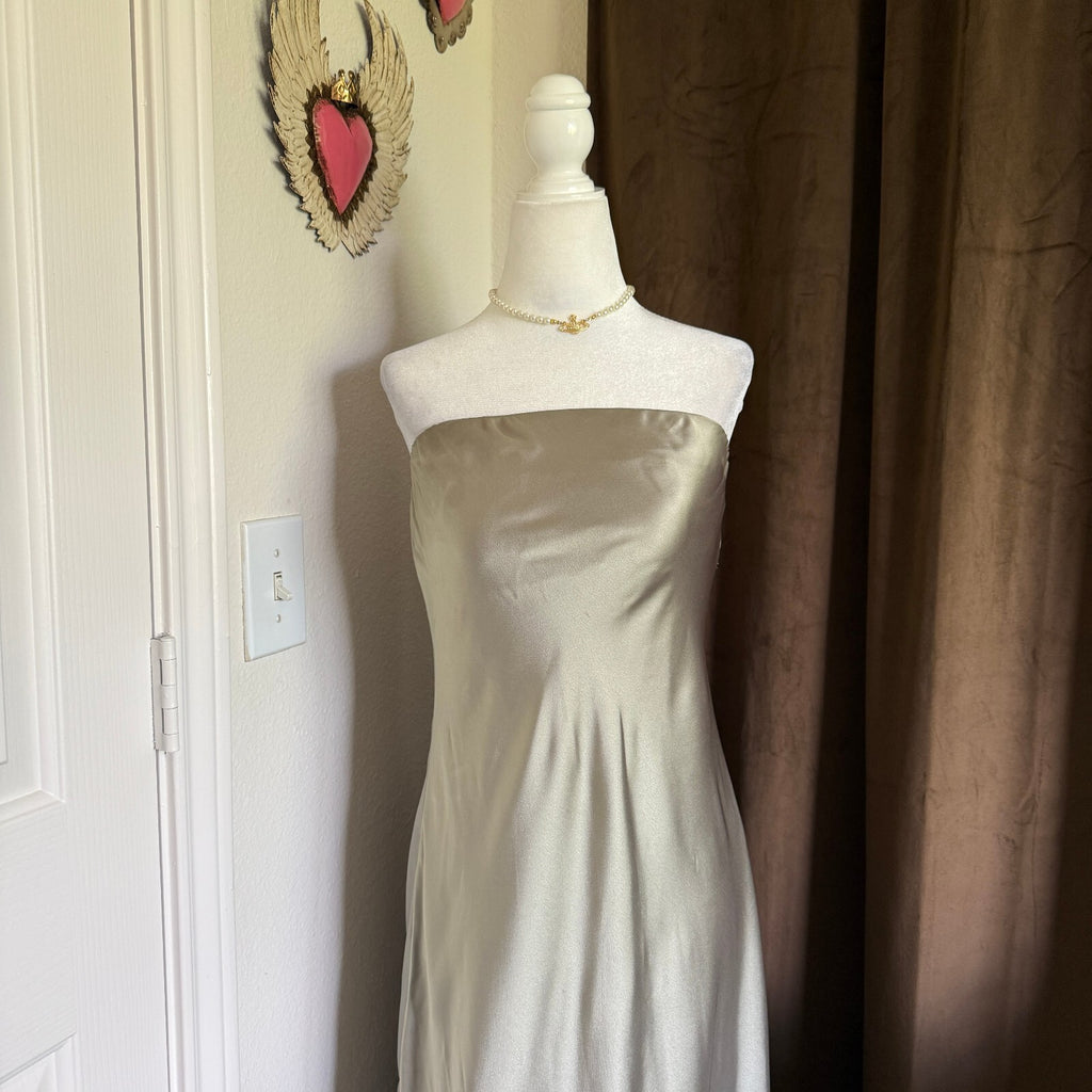 Show Me Your Mumu Taylor Strapless Satin Maxi Dress Sage Olive Boho Euro Summer