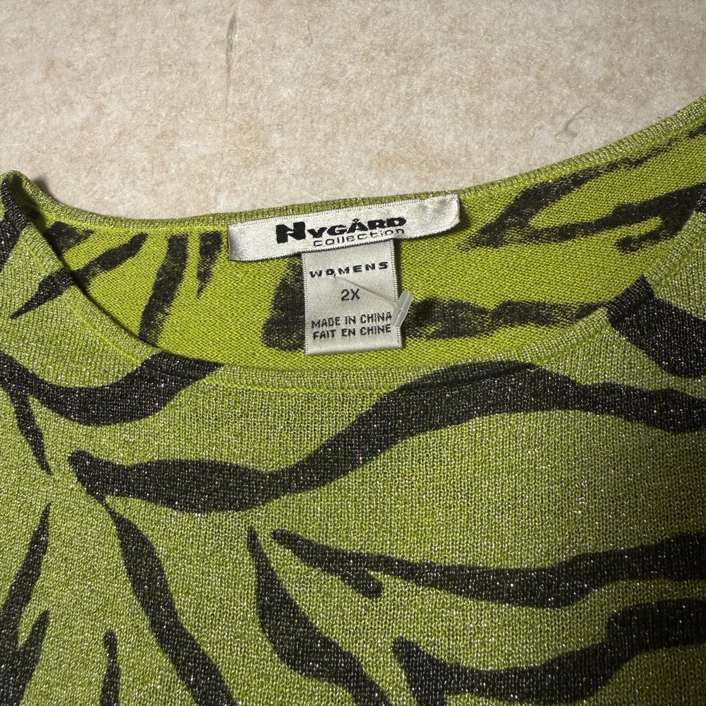 Peter Nygard Collection Womens 2X Green and Black Zebra Print Silk Blend Sweater