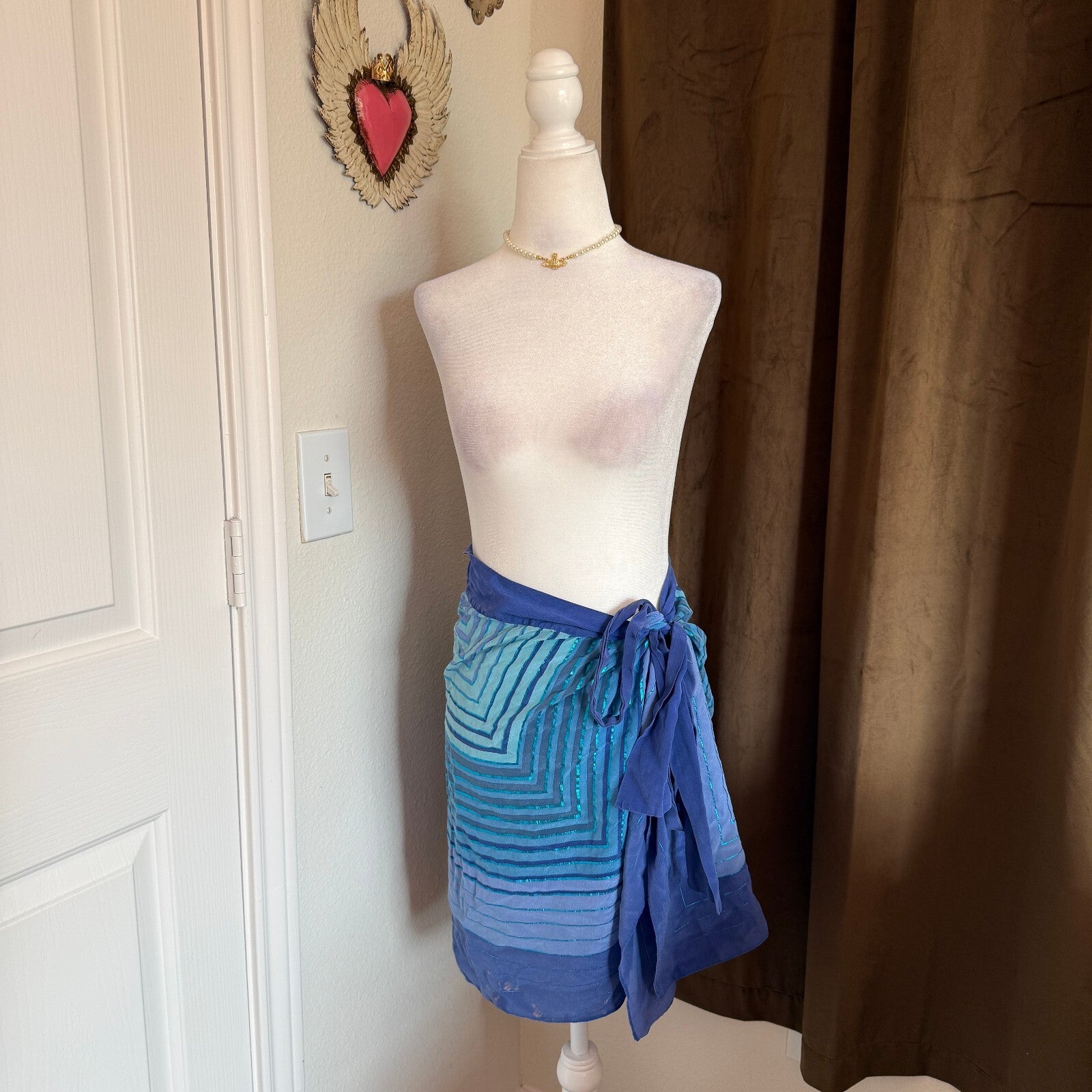 Gottex Luxury Swimwear Silk Sarong Convertible Blue Tie Detail Piece SZ Medium