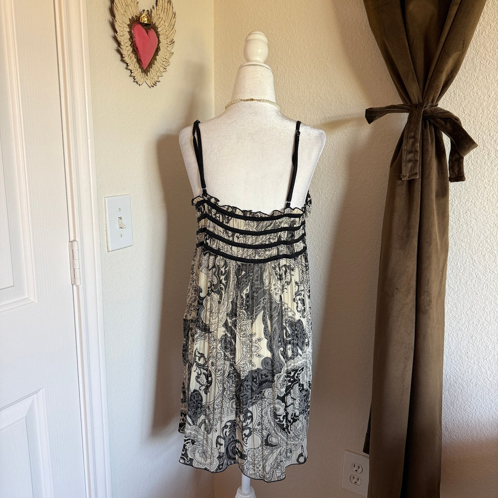 Linea Donatella Whimsigoth Coquette Black and White Paisley Slip Dress Ruffled