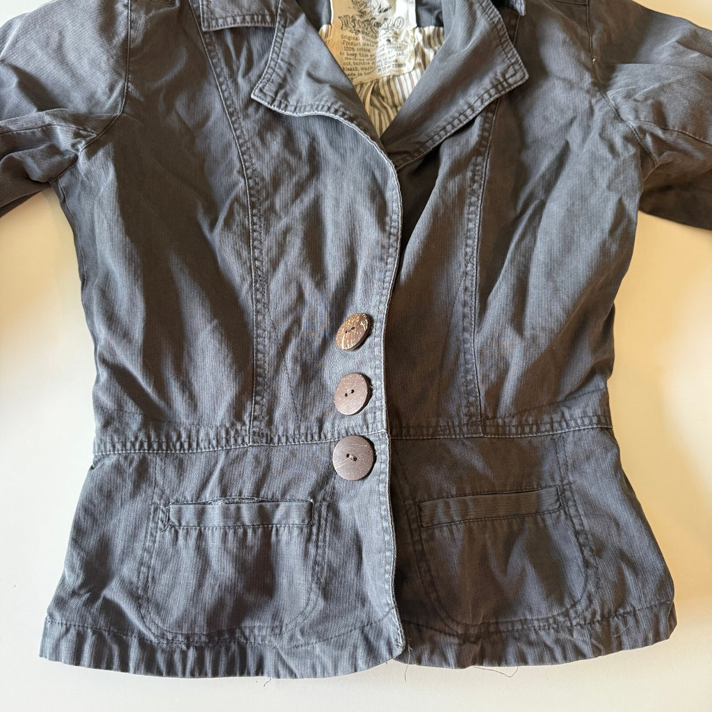 Nick and Mo Anthropologie Gray Cotton Fitted Blazer Jacket Coconut Buttons Sz S