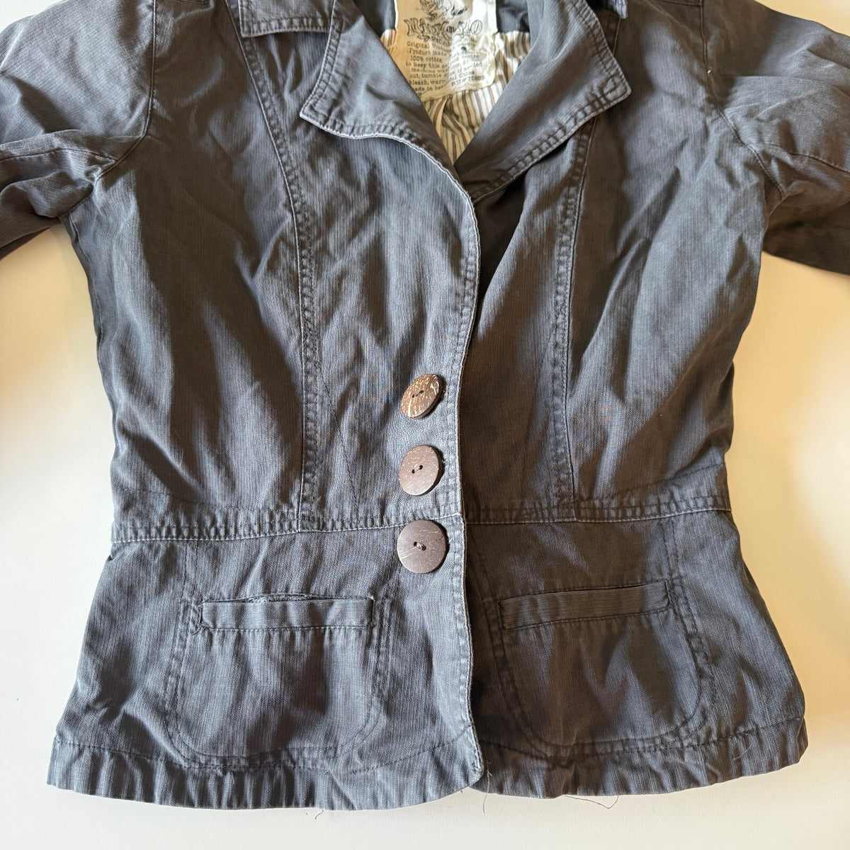 Nick and Mo Anthropologie Gray Cotton Fitted Blazer Jacket Coconut Buttons Sz S
