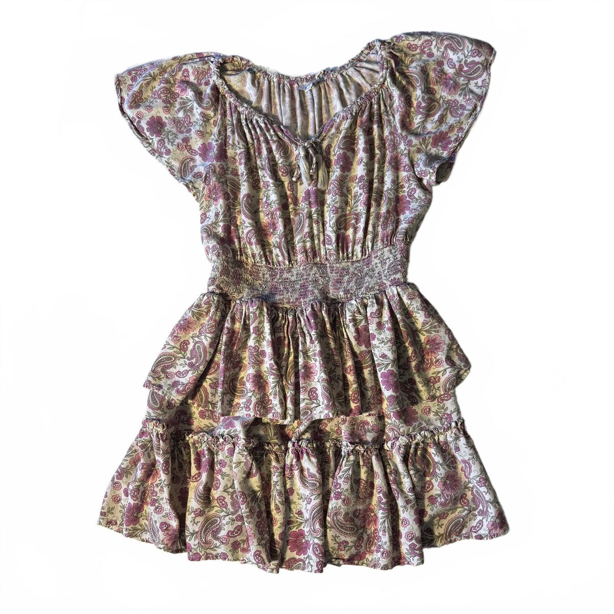 thriftalina Patrons of Peace Boho Floral Smocked Tiered Peplum Mini Dress Cottagecore