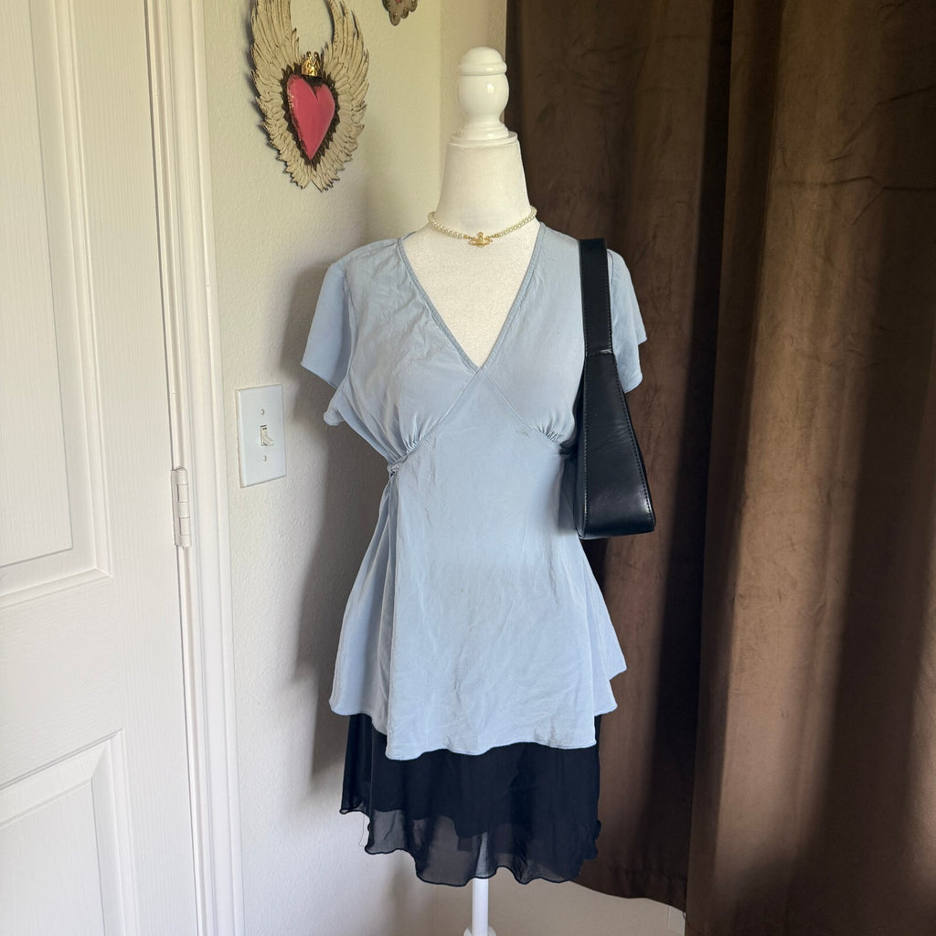 Blue 100% Silk V-Neck Women's Tie Detail Mimi Maternity Blouse Women's Sz Large
