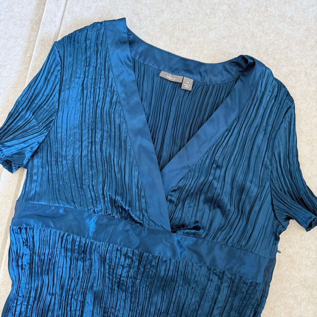 Apt 9 Plisse Blue Pleated Short Sleeve V-Neck Blouse Mermaid Office School