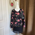 Jamaica Bay Y2K Black Floral V-Neck Long Sleeve Ribbed Top Size L Cotton