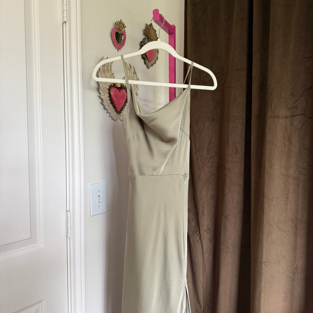 Birdy Grey Sage Green Satin Cowl Neck Slit Maxi Dress Lisa Shiny Bridesmaid XS