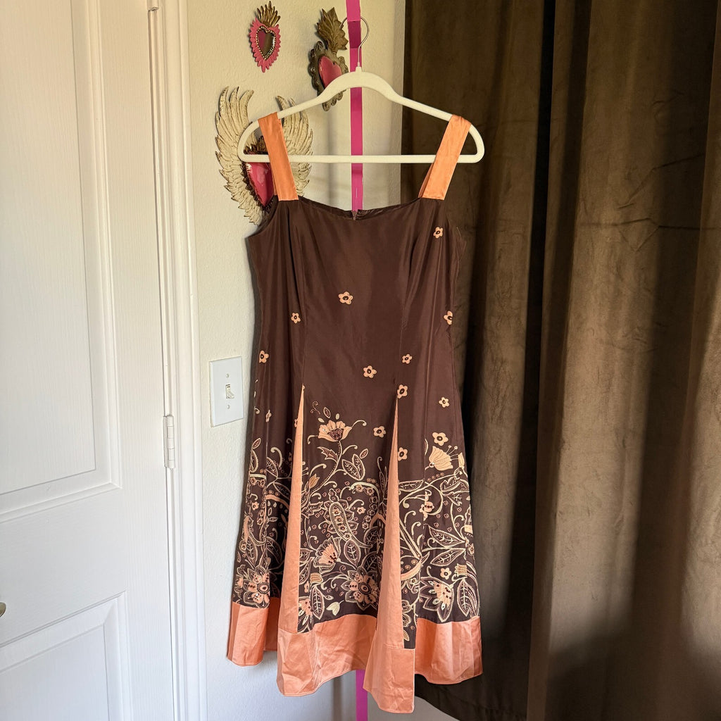 Adrianna Fairy Silk Y2K Beaded Brown Peach Floral Paisley Dress Women's SZ 8