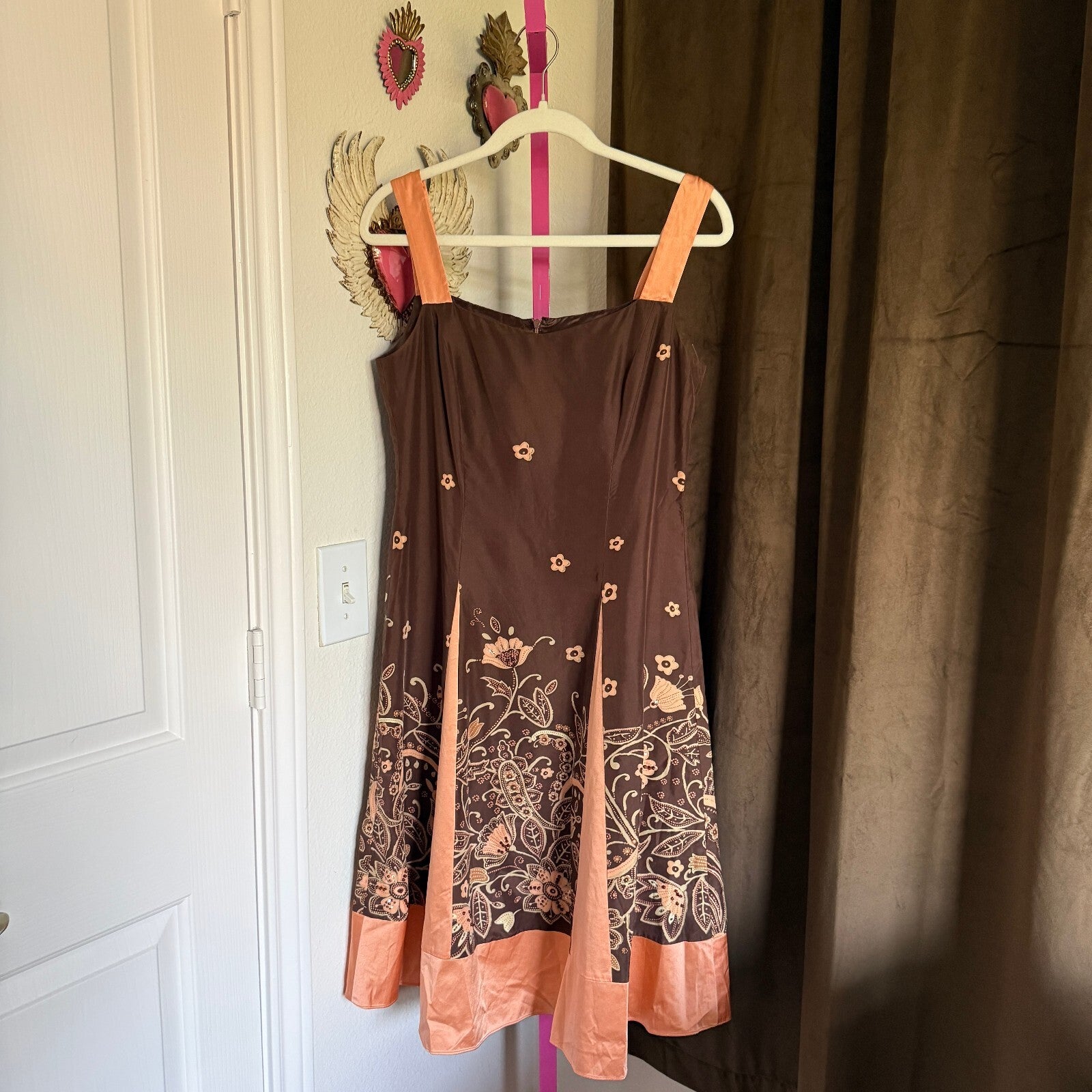 Adrianna Fairy Silk Y2K Beaded Brown Peach Floral Paisley Dress Women's SZ 8