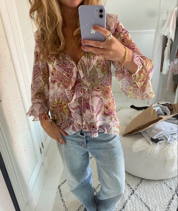 thriftalina Zara Stockholm Style Viral Paisley Floral Ruffle Blouse Tie Neck Bell Sleeves