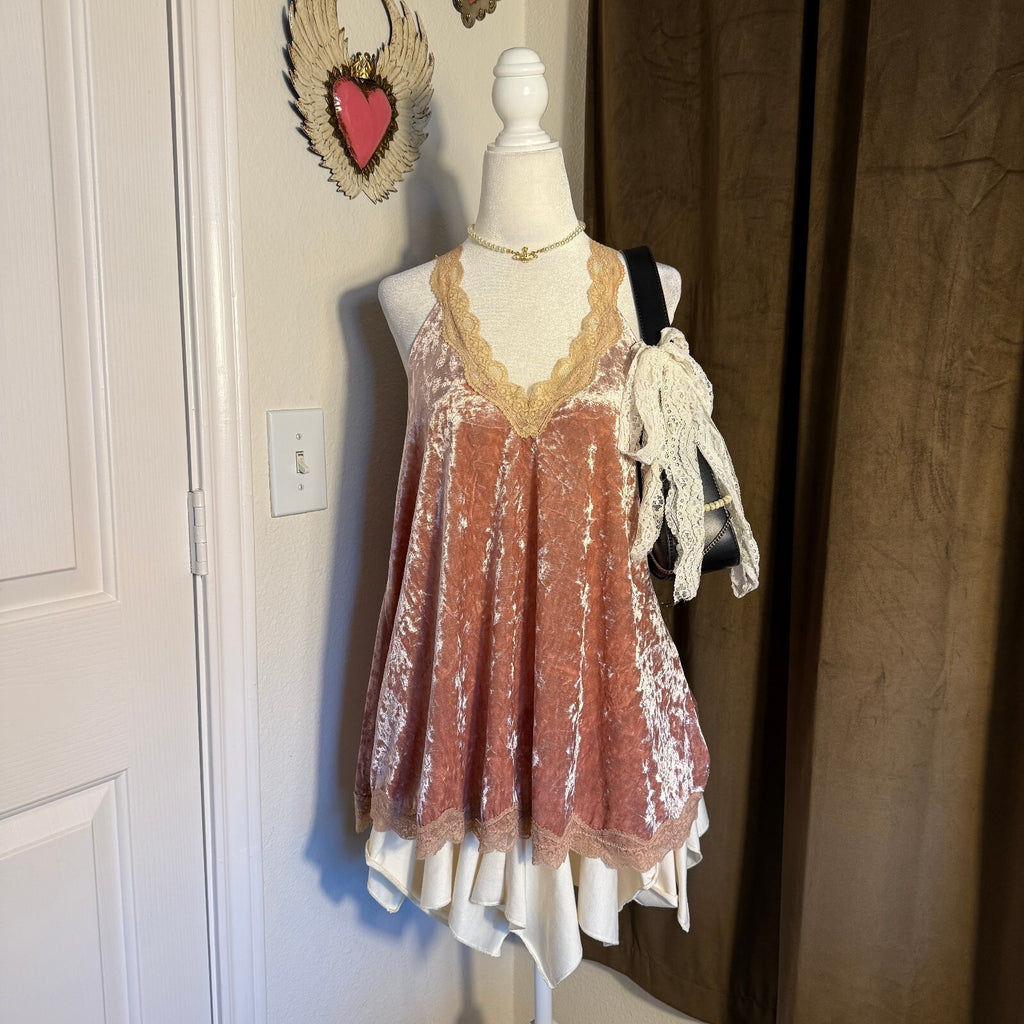 POL Boho Romantic Soft Girly Coquette Crushed Velvet Pink Lace Trim Tank Top S
