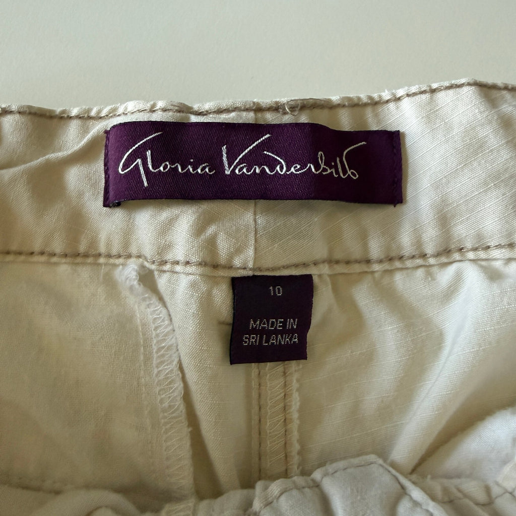 Gloria Vanderbilt Cream Cargo Capri Pants Embroidered Tie Hem Boho Y2K Sz 10