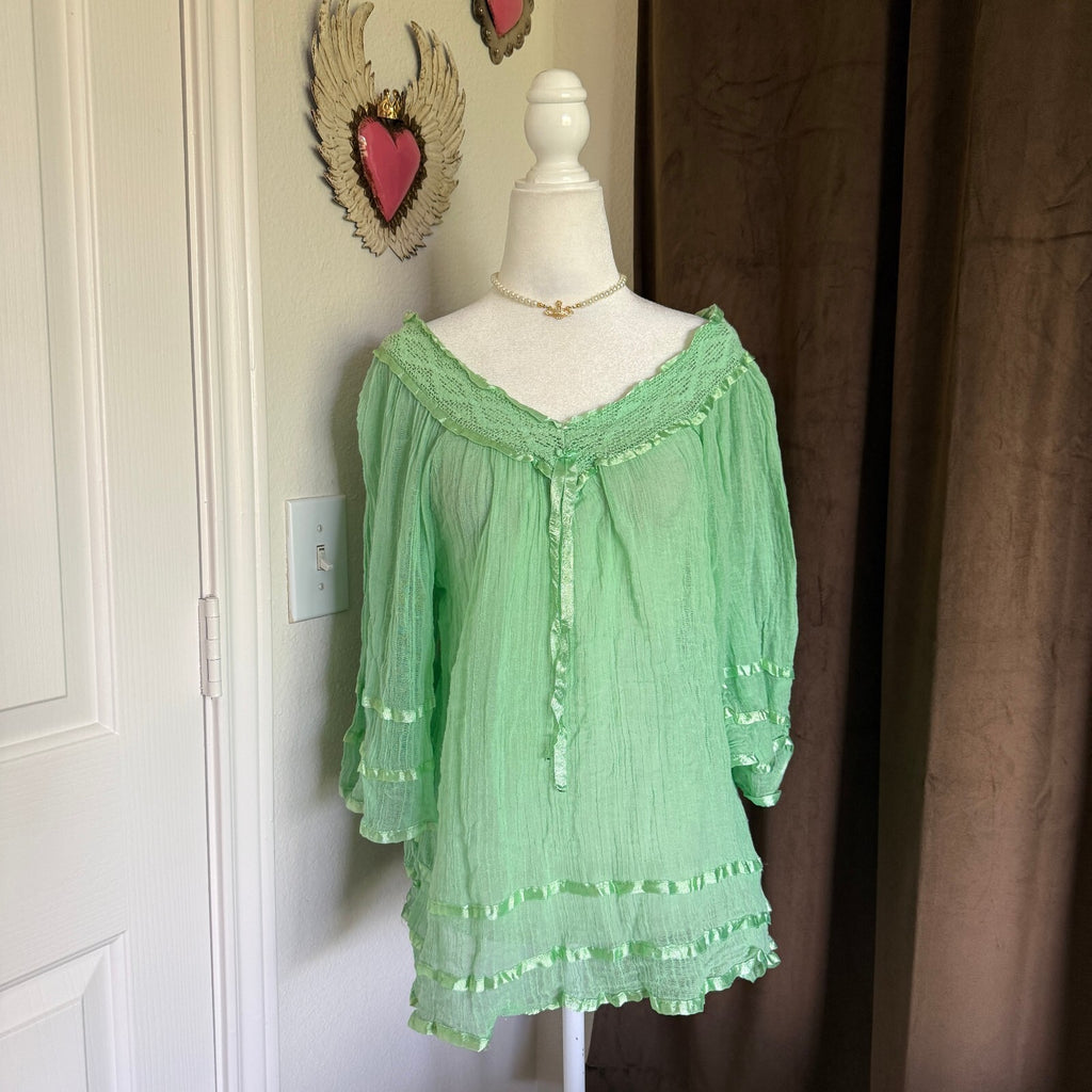 Bohemian Angel Sleeve Gauze Top Crochet & Ribbon Detail Bell Sleeves and Ruffles