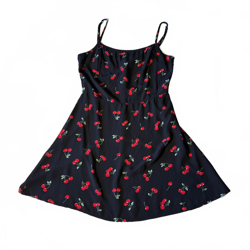 H&M Black Cherry Print Mini Dress Cami Strap Fit Flare Coquette Pinup Style Sz M