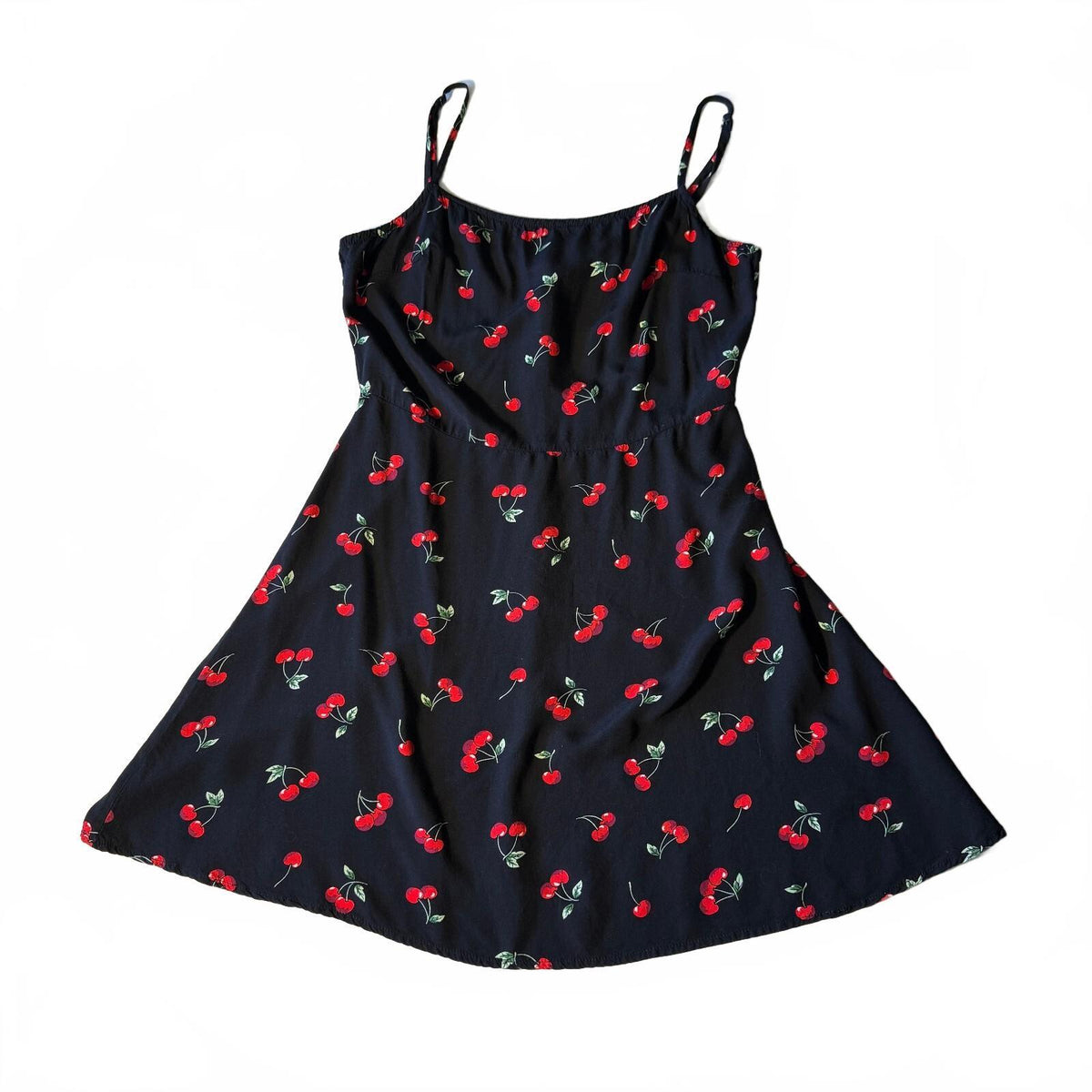 H&M Black Cherry Print Mini Dress Cami Strap Fit Flare Coquette Pinup Style Sz M
