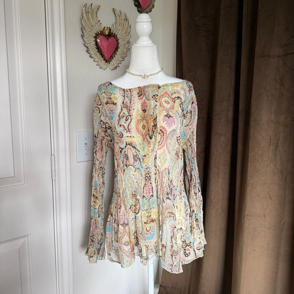 Alberto Makali Vintage-Inspired Long Sleeve Pleated Paisley Blouse in Pastel Mix