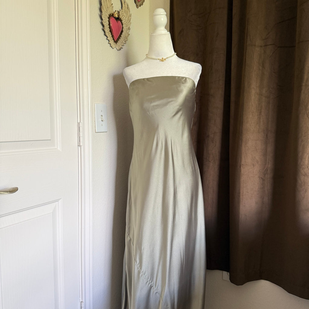 Show Me Your Mumu Taylor Strapless Satin Maxi Dress Sage Olive Boho Euro Summer
