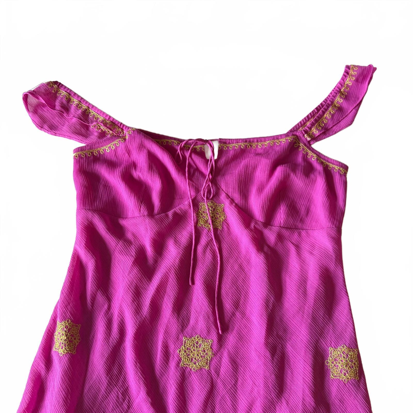 Y2K New York & Co Women's Gold Detail Flutter Sleeve Pink Mini Dress Tie Detail