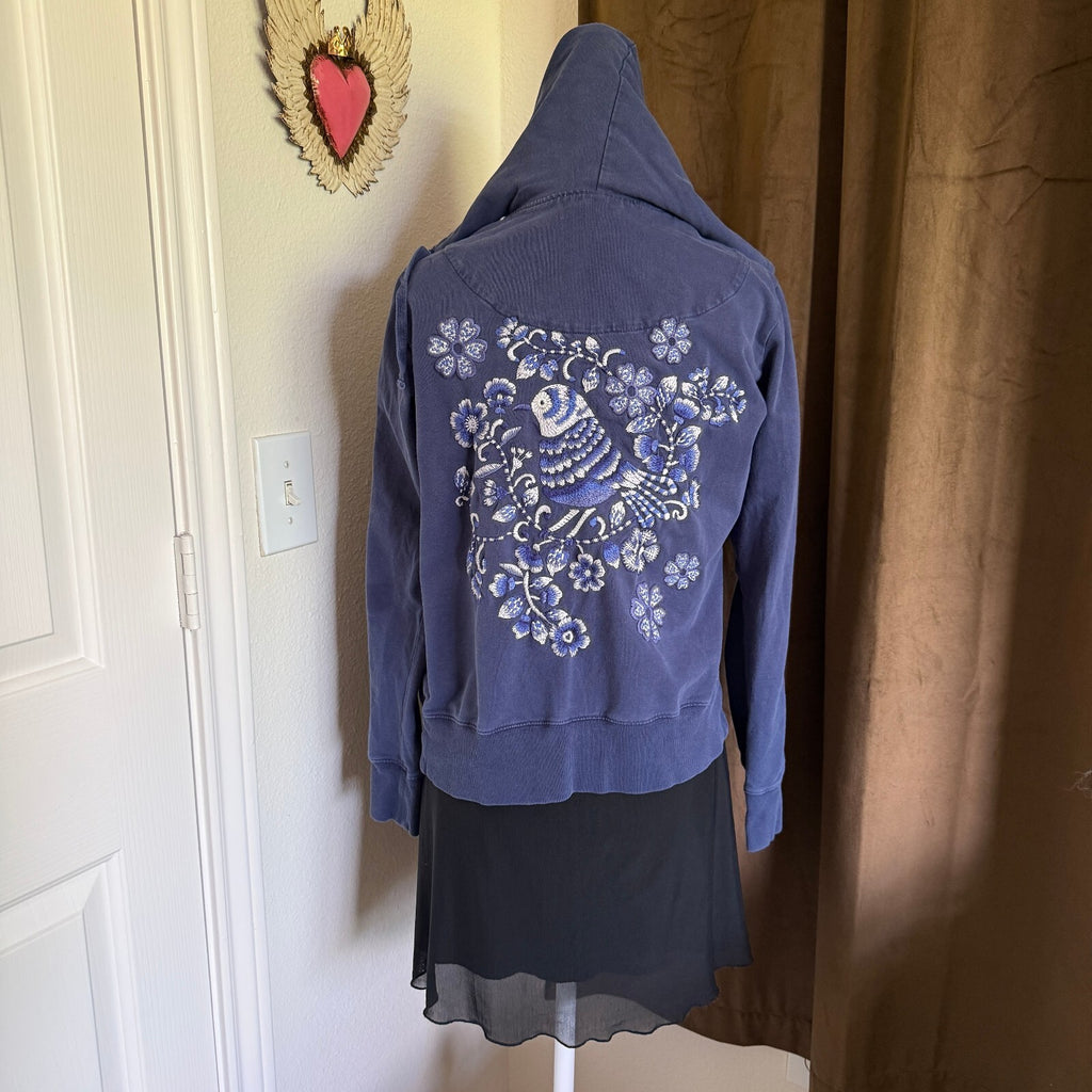 Johnny Was XS Navy Blue Hoodie with Embroidered Floral and Bird Design Cotton XS