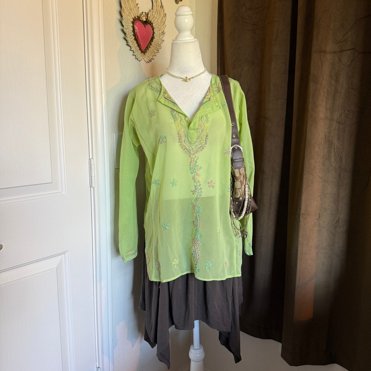 Indian Tropical Fashions New With Tags Green Sheer Tunic Beaded Floral One Size