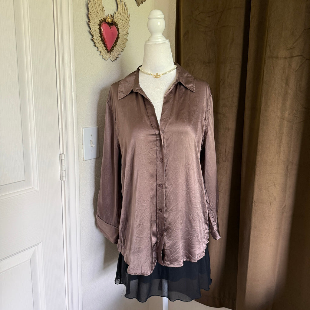 L'AGENCE Women's Mauve 100% Silk Button-Down Blouse Quiet Luxury Designer SZ Lg