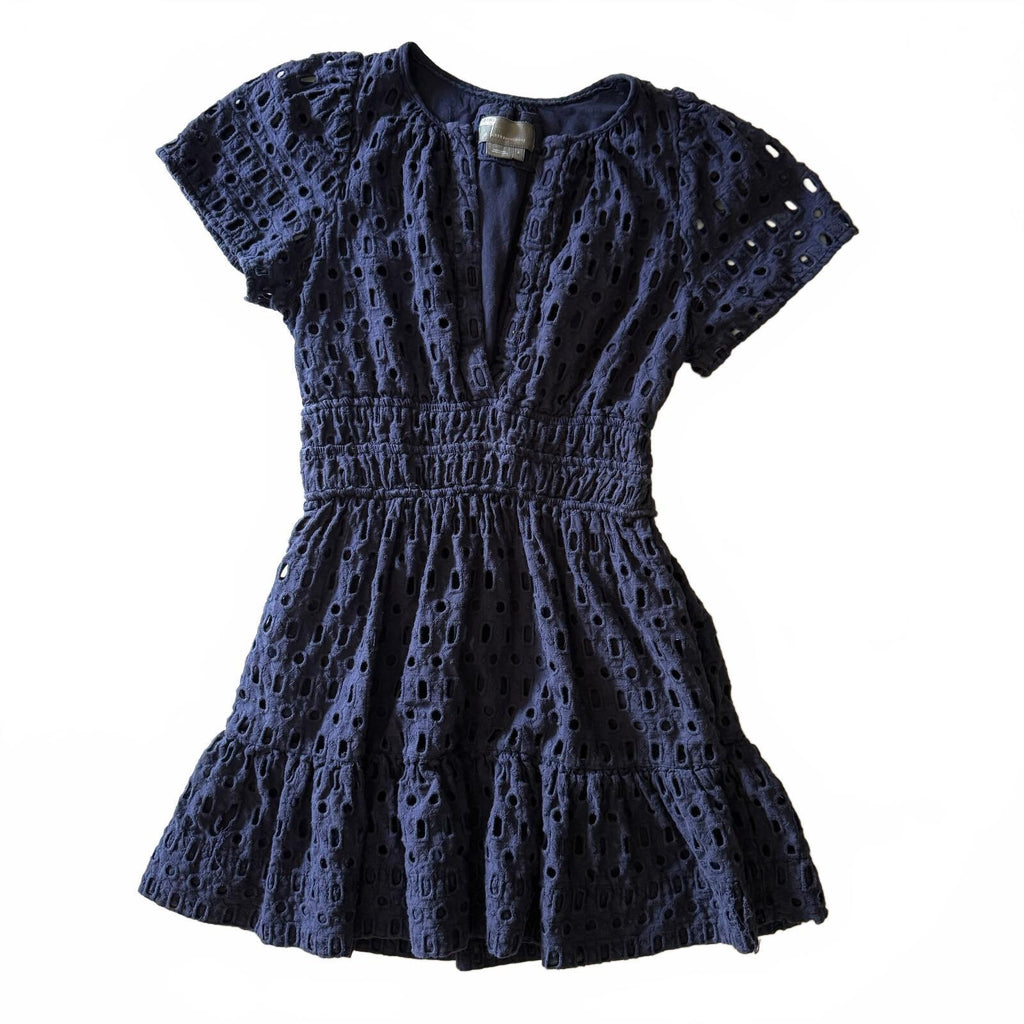 Anthropologie Navy Blue Eyelet Short Sleeve Dress Quiet Luxury Back to School