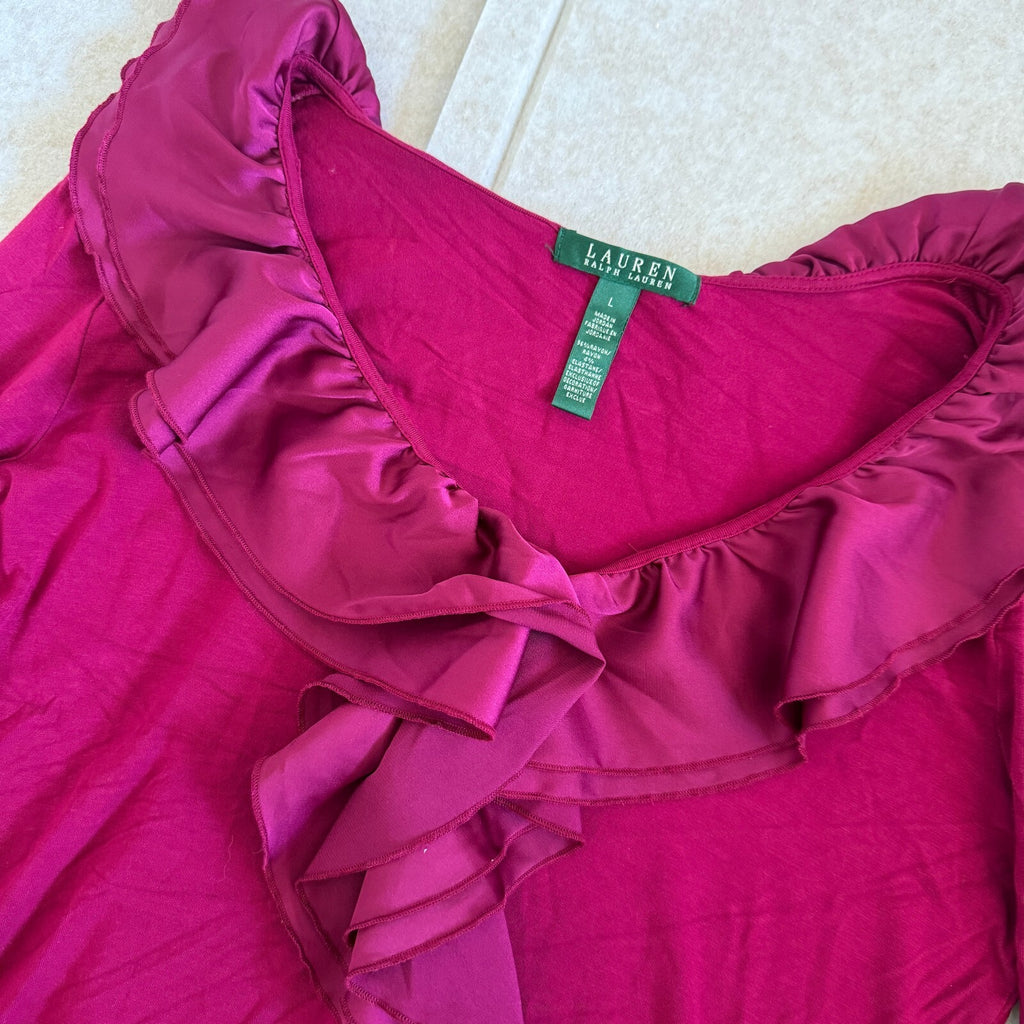 Lauren Ralph Lauren Women's Large Long Sleeve Ruffle Neck Top in Mauve