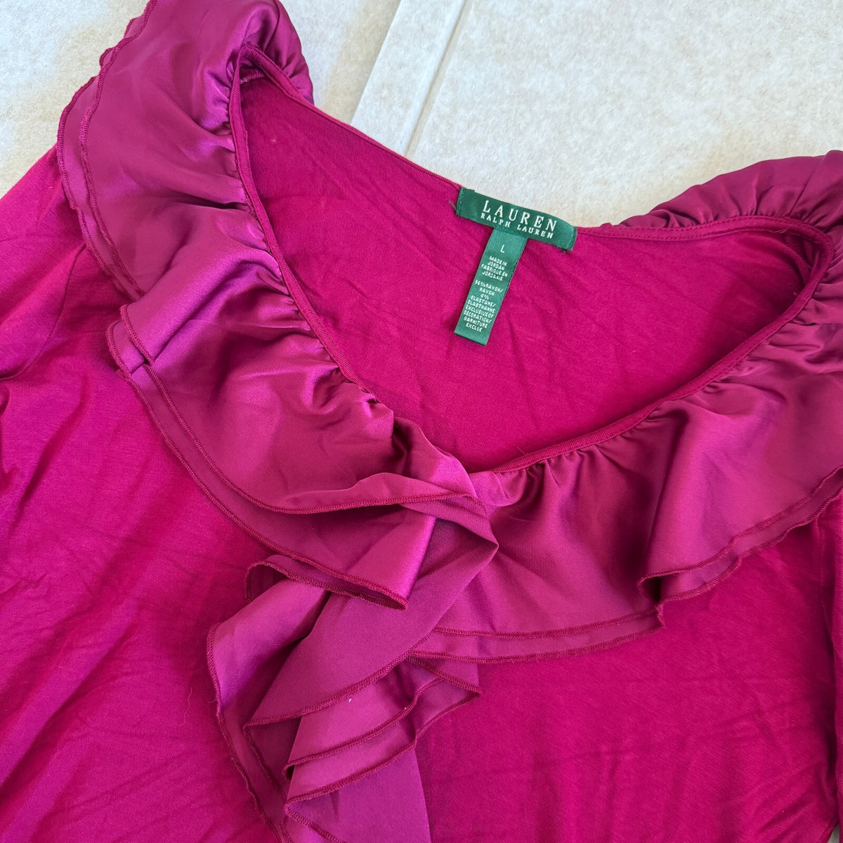 Lauren Ralph Lauren Women's Large Long Sleeve Ruffle Neck Top in Mauve