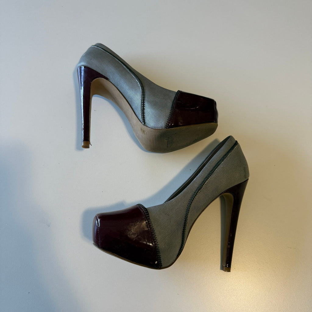 Jessica Simpson Platform Pumps Grey Burgundy Colorblock Patent Toe Heels Sz 6