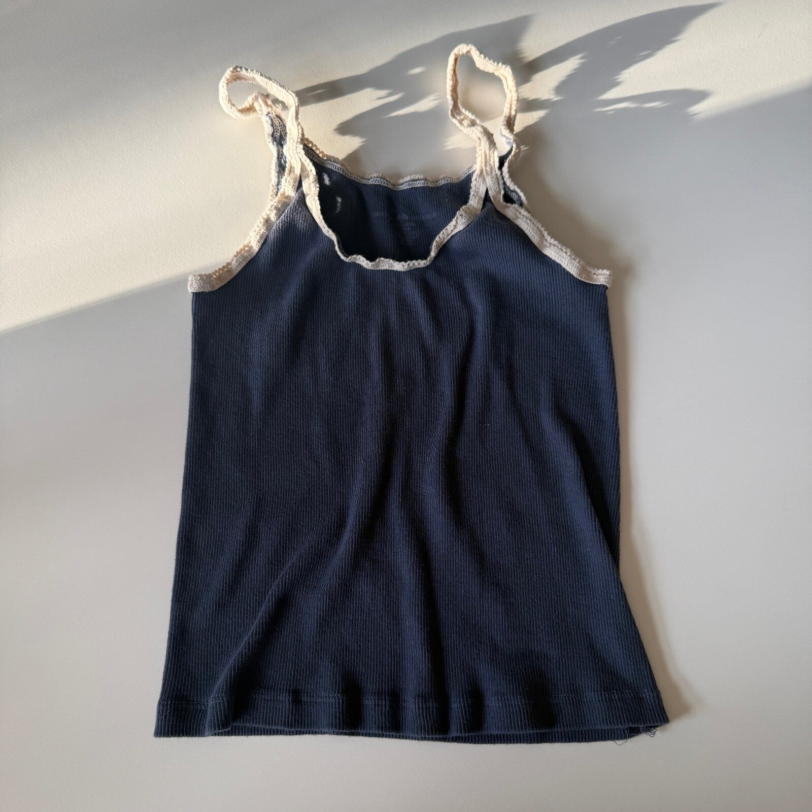 Brandy Melville Women's Blue Ribbed Tank Top with Cream Lace Trim, Size Small