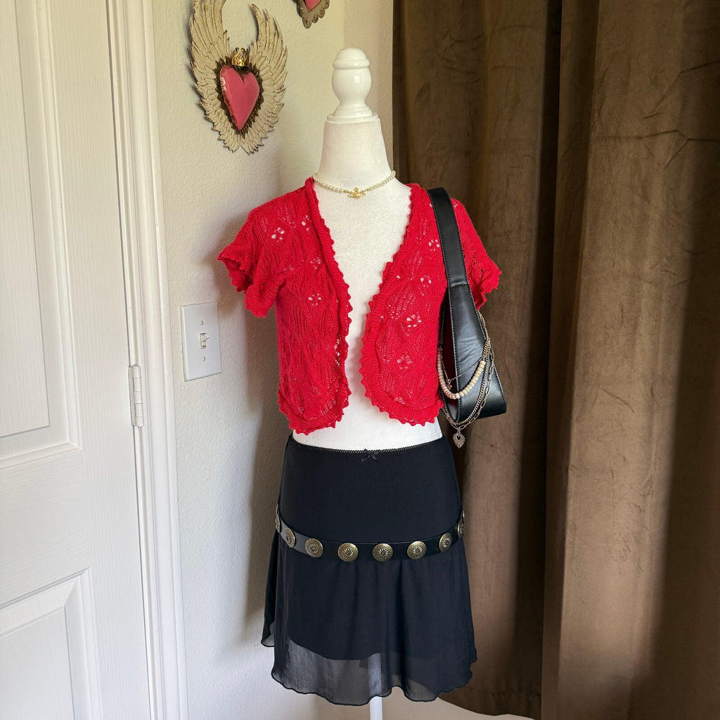 Notations Red Crochet Knit Bolero Shrug Cardigan Boho Fairycore Grandmacore L