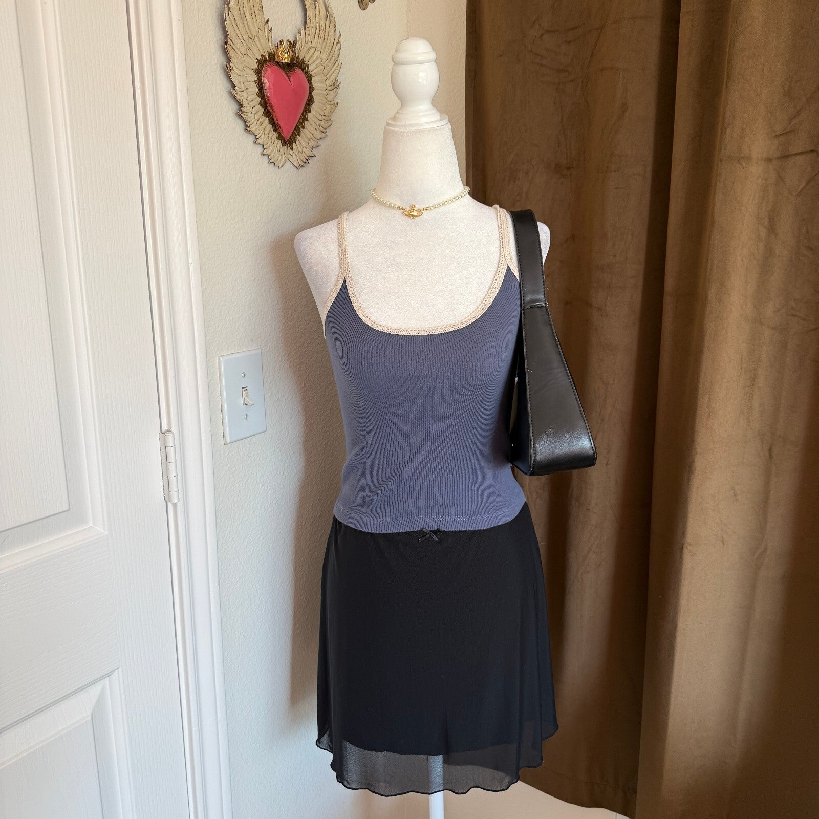 Brandy Melville Women's Blue Ribbed Tank Top with Cream Lace Trim, Size Small