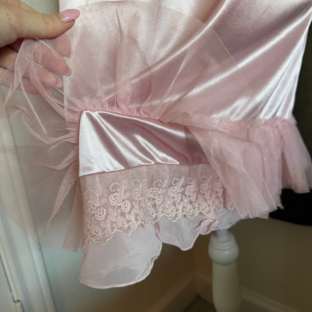 Melody Ballerina Pink Coquette Girly Satin Slip Dress with Ruffled Hem Sz Large