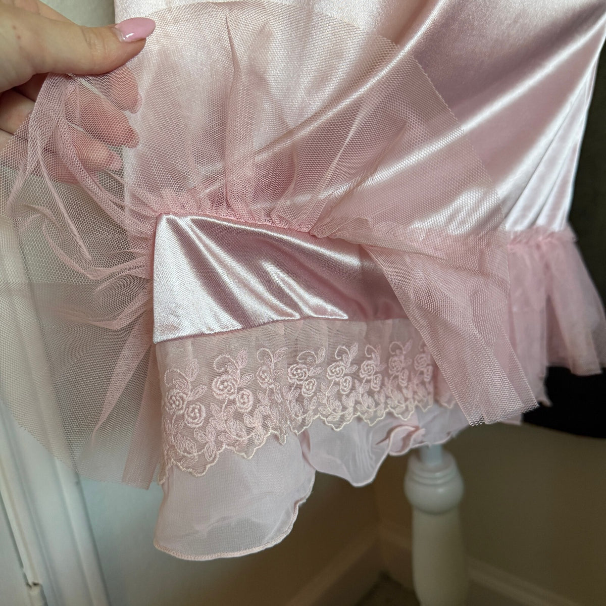 Melody Ballerina Pink Coquette Girly Satin Slip Dress with Ruffled Hem Sz Large
