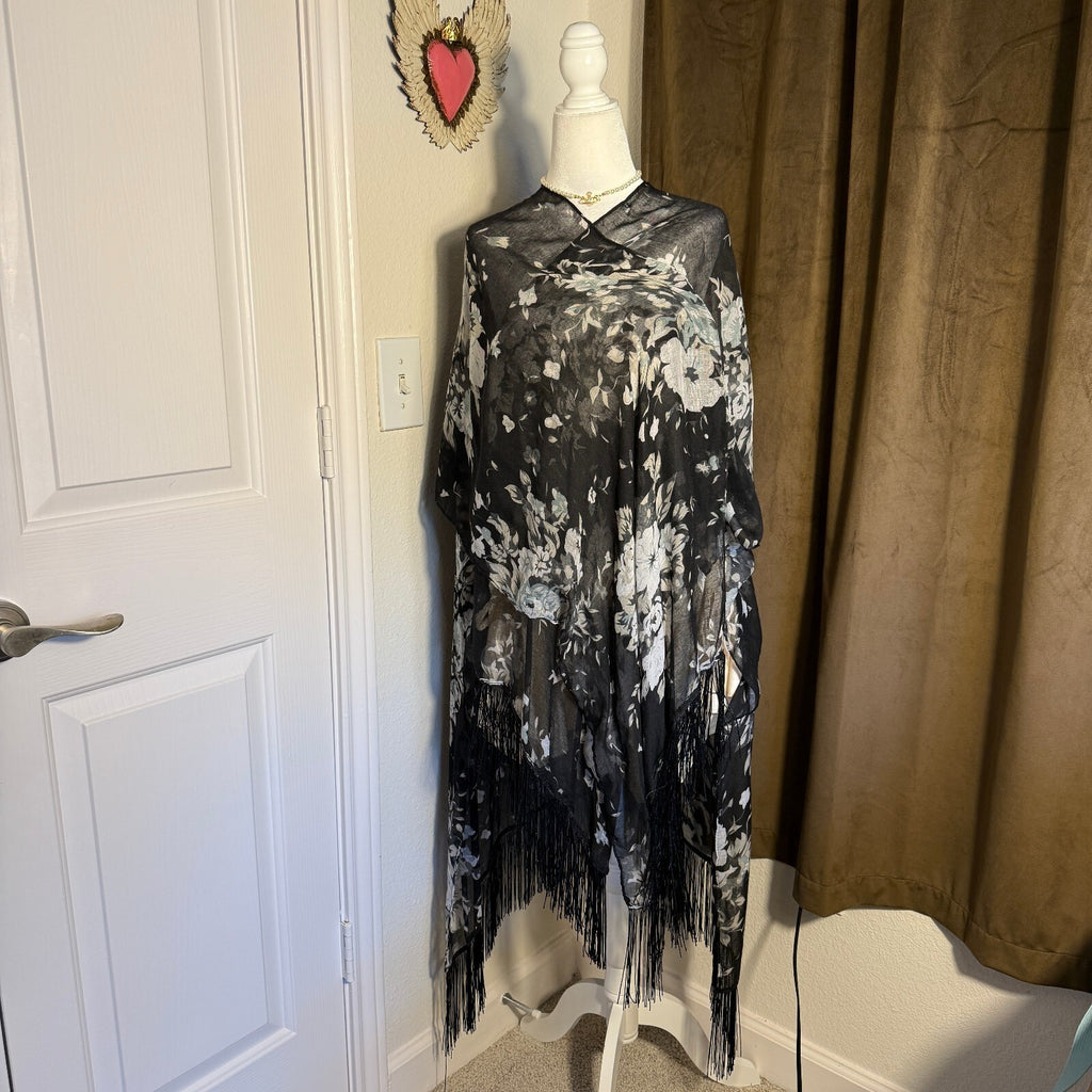 Black Floral Sheer Fringe Piano Shawl Scarf Wrap Poncho Boho Stevie Nicks O/S