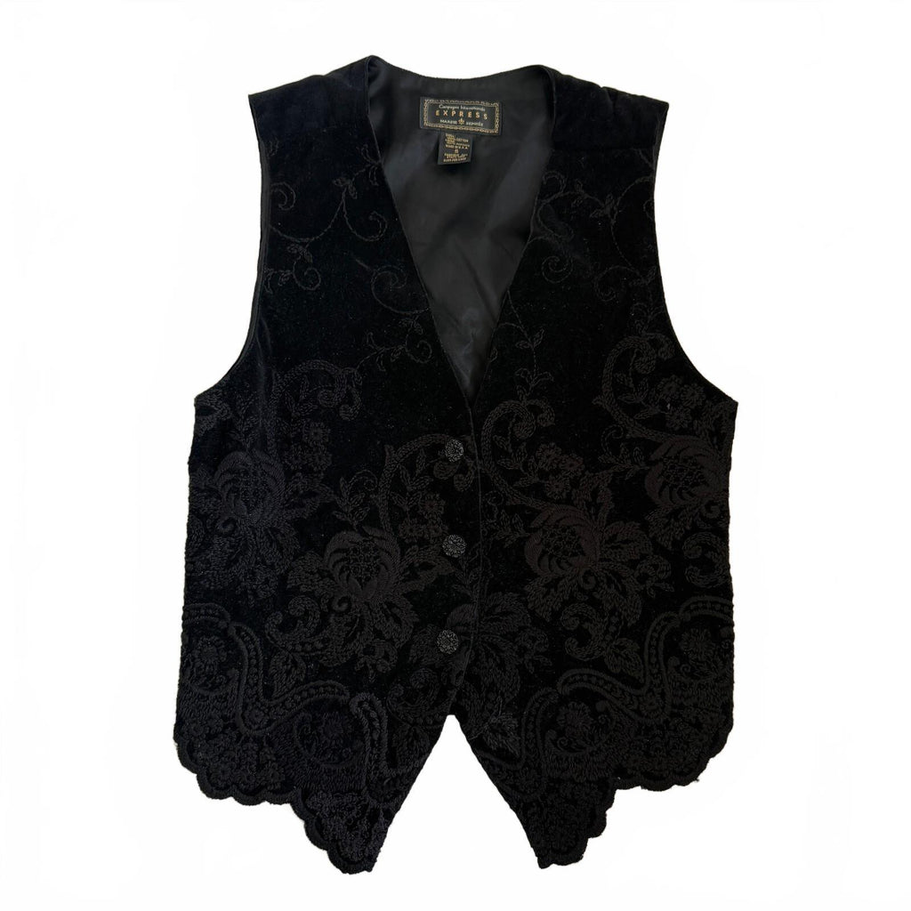 Vintage 1990s Compagnie Internationale Express Black Velvet Floral Pattern Vest
